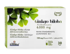 Ginkgo-neidonhiuspuu 6.000 mg + punaviininlehti + B1vitamiini + B2vitamiini + B12vitamiini