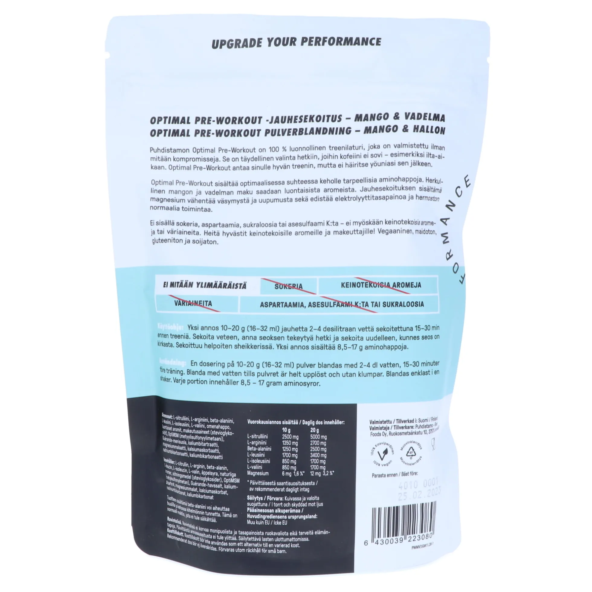 Optimal Pre Workout, mango-vadelma, 350 g