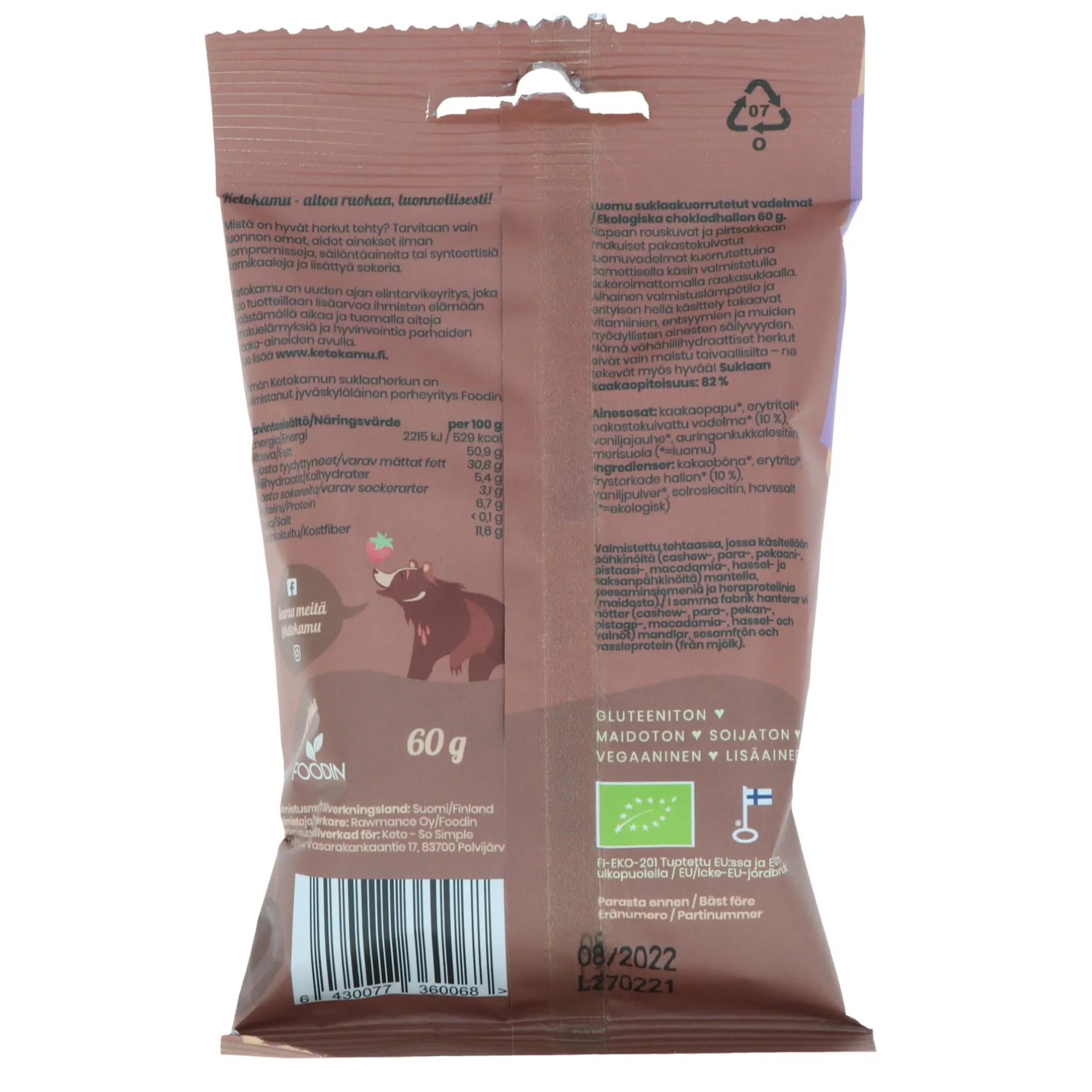 Suklaakuorrutetut vadelmat, 60 g